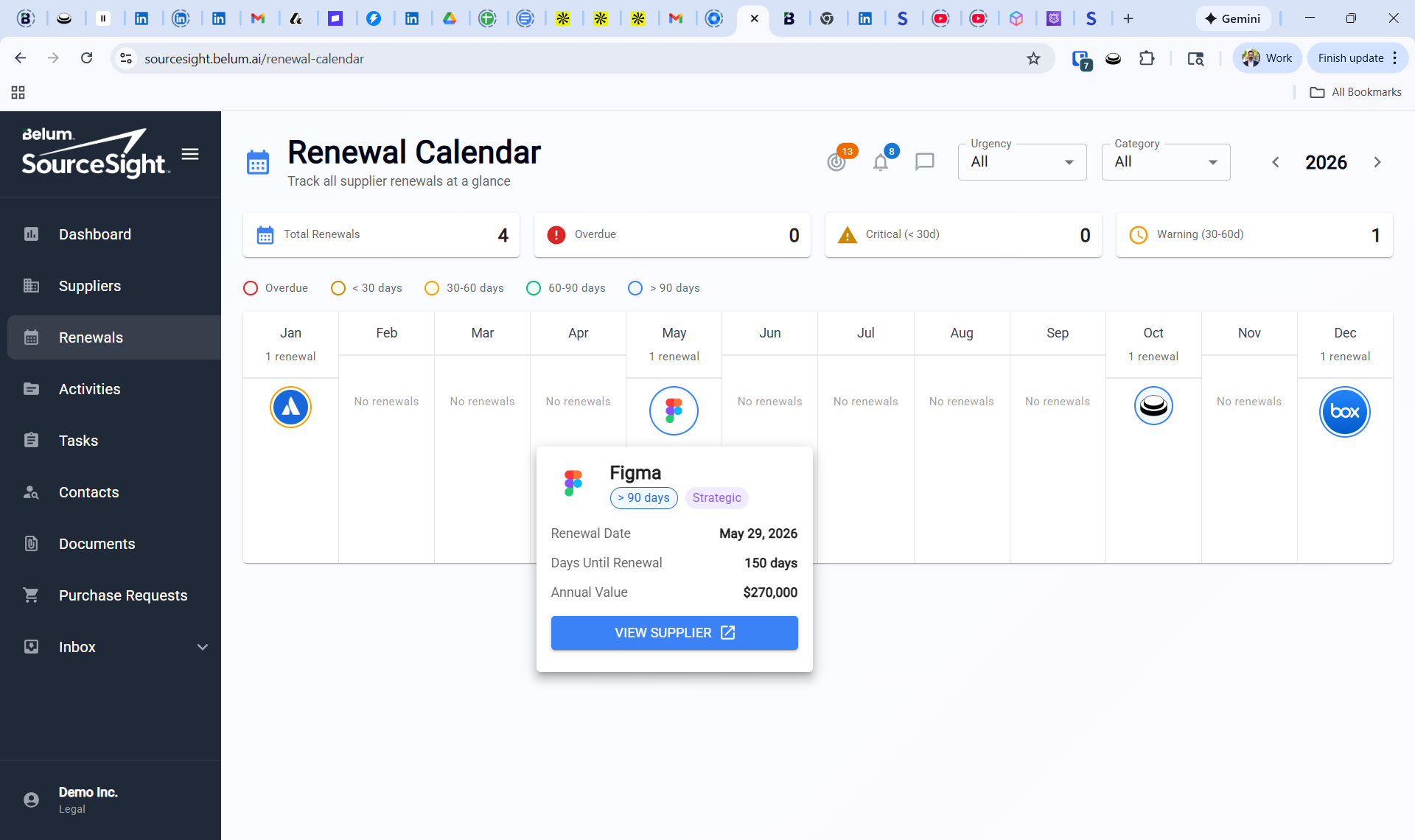 Renewal calendar with upcoming renewals